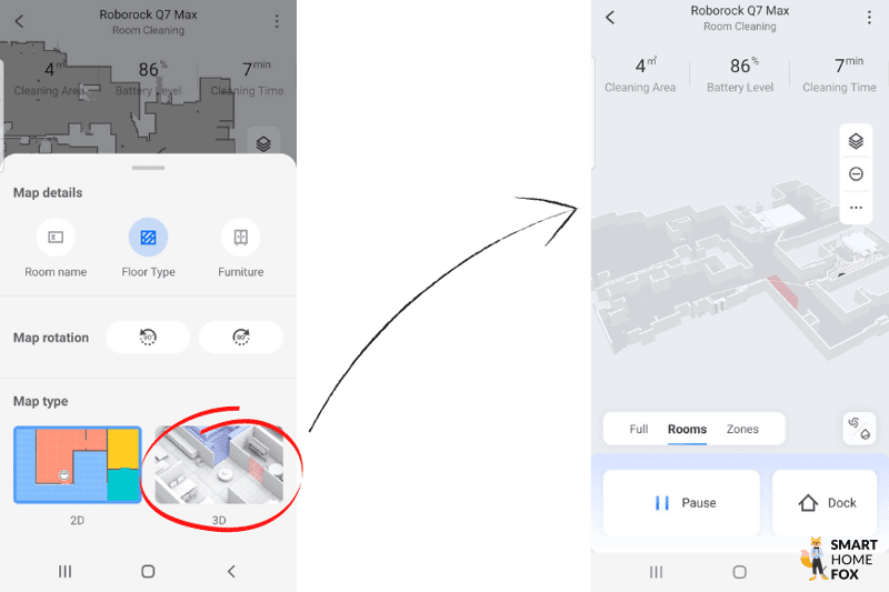 3D Kartenansicht ist in der Roborock Q7 Max App ausgewählt